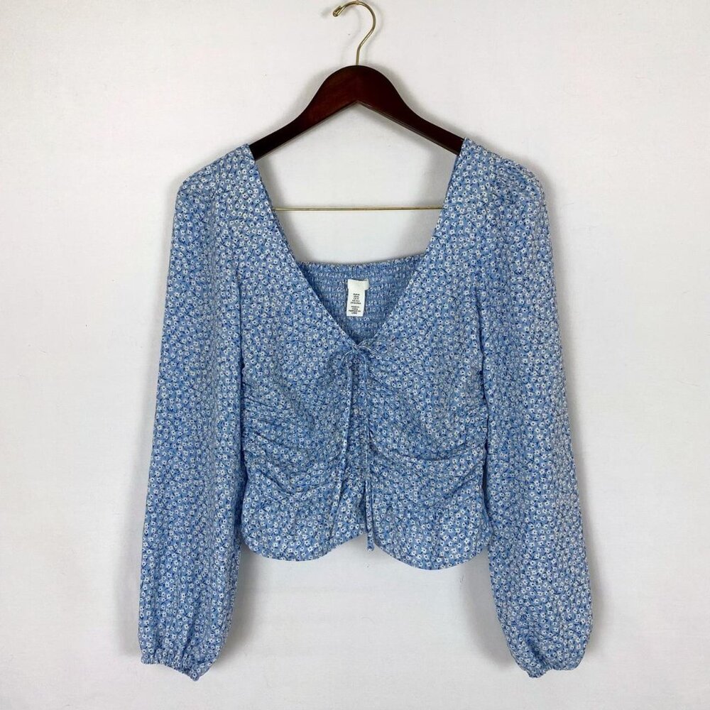 H&M Floral Ruched Balloon Sleeve Crop Top